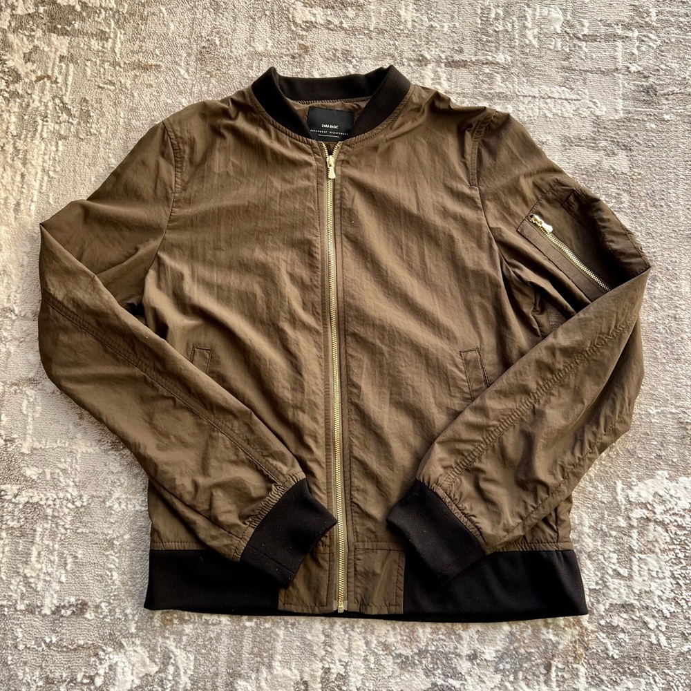 Zara Women's Olive Green Bomber Jacket with Black Trim